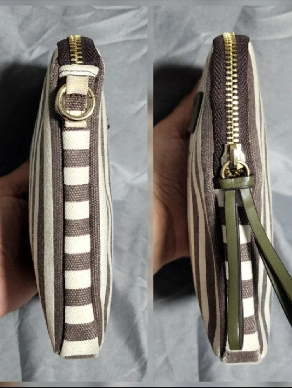 Henri Bendel Brown & White Striped Cosmetic Pouch Toiletry Bag